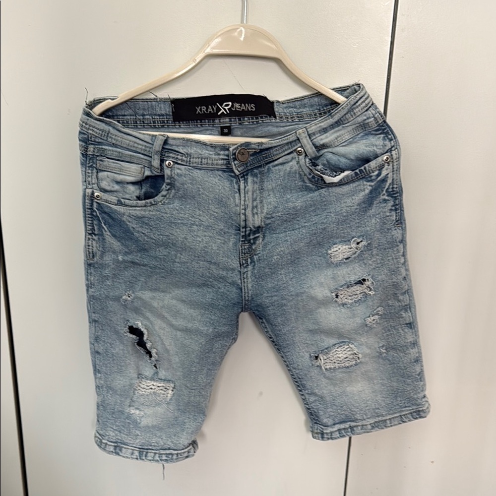Blue Skinny Jorts Jeans with Distressed Detailing